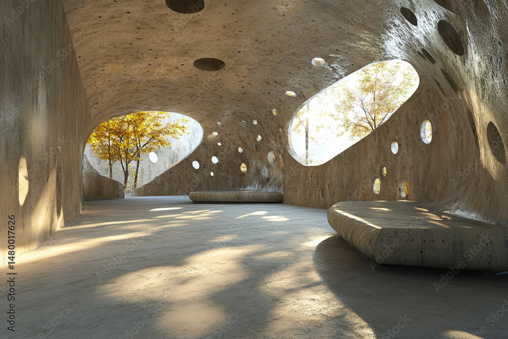 Poster sunlit concrete pavilion with autumnal trees visible through unique window openings minimalist desig