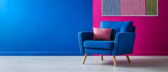 Stylish Blue Armchair With Pink Pillow In Colorful Room