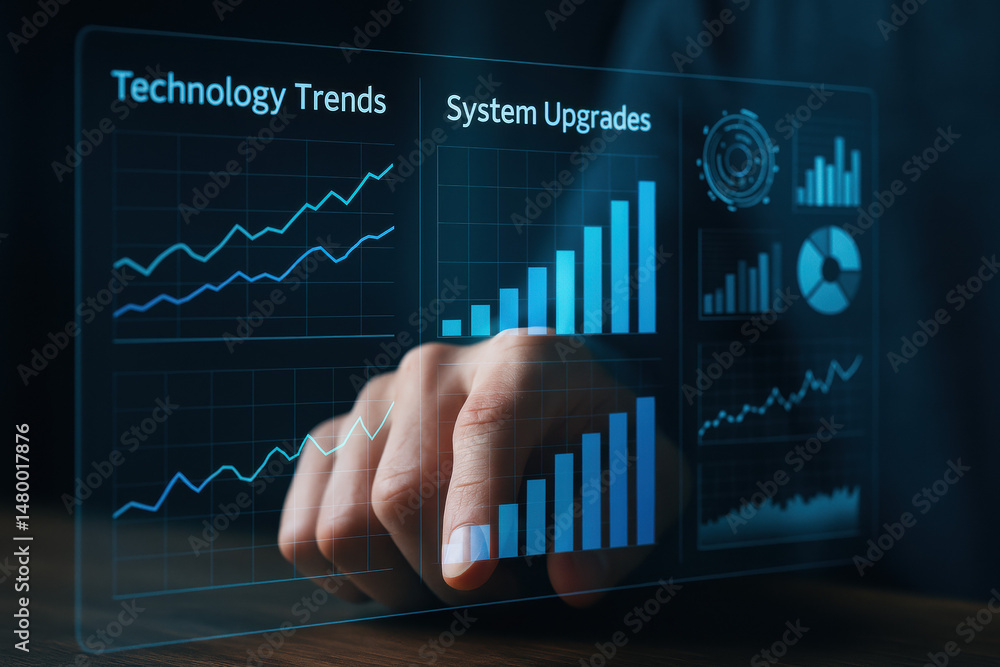 Poster a hand interacts with a transparent digital interface displaying technology trends and system upgrad