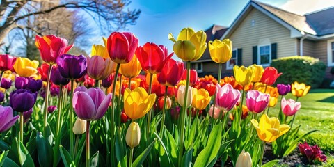 A colorful field of tulips in bloom, showcasing shades of red, yellow, purple, and pink, with a house in the background and a bright blue sky above