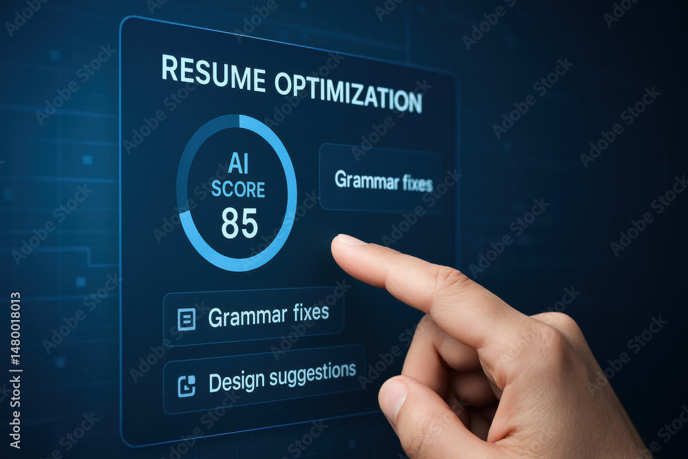 Poster a digital interface displaying resume optimization utilizes ai scores grammar corrections and design
