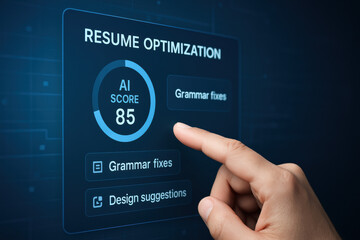 A digital interface displaying resume optimization utilizes AI scores grammar corrections and design suggestions to enhance business strategy and decision efficiency