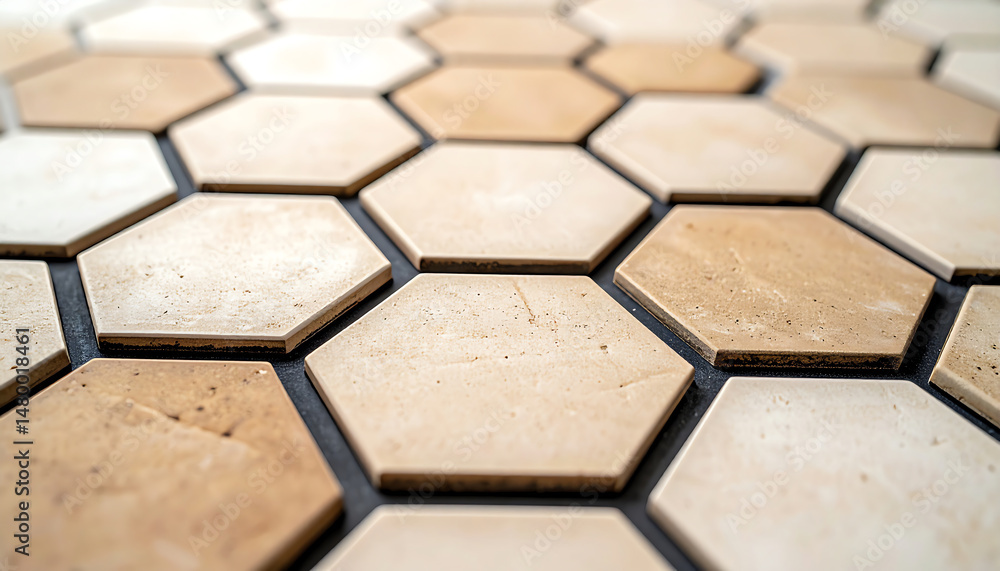 Poster hexagonal tiles in varying shades of beige create a modern and stylish flooring pattern, showcasing 