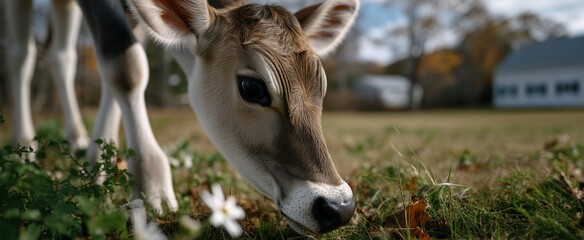 Naklejka premium Young calf grazing in a field