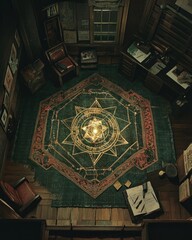 Cozy study room. Rug with magic sign glowing. Desk, chair. Vintage look. Decoration