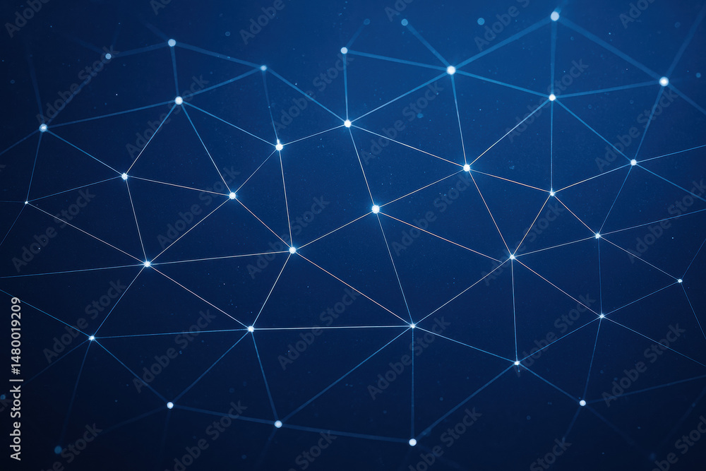 Poster this depicts a network interconnected nodes and constellation-like lines over a deep midnight blue b