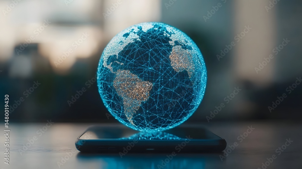 Poster glowing digital globe hovering above a smartphone, symbolizing global connectivity and technological