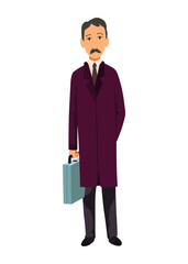 People wait for public transport. Businessman in raincoat and with bag in his hands. Cartoon flat vector illustration