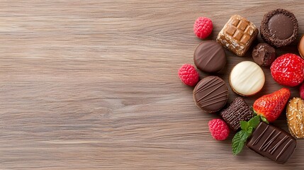 a wooden table holds an assortment of chocolates 