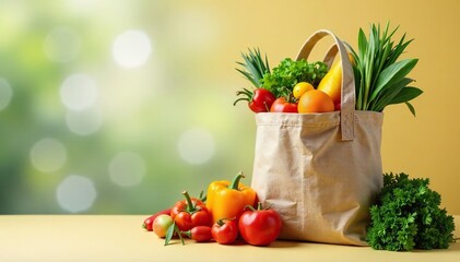 Overfull reusable grocery bag overflowing with fresh produce and groceries , supermarket shopping, lifestyle