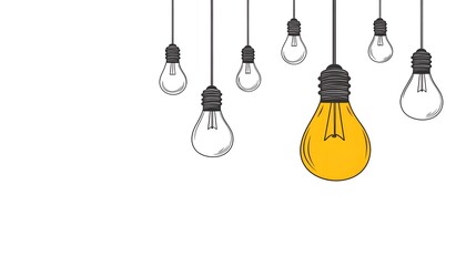 Unique glowing light bulb among dim counterparts