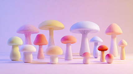Mushrooms of various shapes and colors displayed on a soft pastel background for creative designs.
