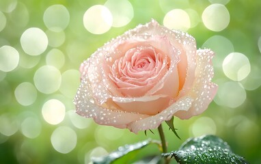 Dewdrops adorn a peach rose with bokeh lights softly glowing in a verdant background