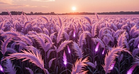 A field of purple flowers with a sun in the background