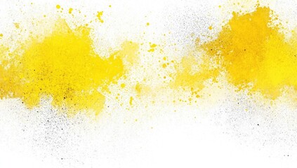 Abstract splatter painting with bright yellow and gray tones on white background.  Yellow paint splatters create textured forms, overlaid by gray splatter details