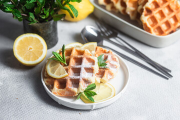 Belgian waffles made from cottage cheese with mint and lemon in a white plate on the table. Healthy breakfast