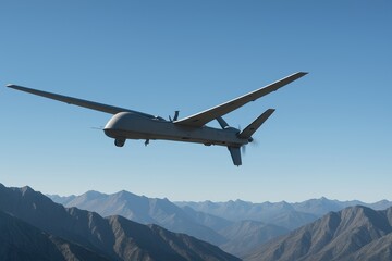 Fototapeta na wymiar Unmanned surveillance drone with wide wingspan flying over mountains