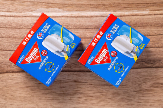 Zhongshan,China-June 10,2025: Baygon electric liquid mosquito repellent at horizontal composition.