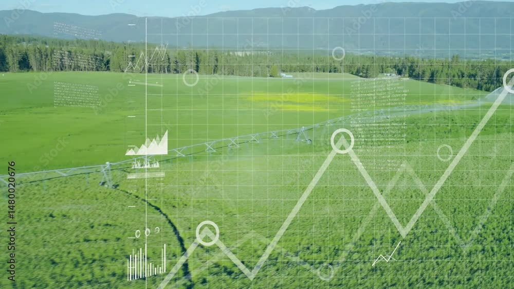 Poster center pivot irrigation system rotating over green field, showing translucent data overlays