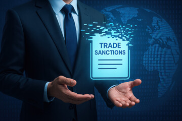 A businessman demonstrates strategic decision making by presenting digital trade sanctions symbolizing leadership and innovation in global business compliance