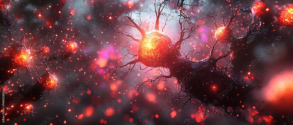 Poster vibrant neural connections with glowing synapses and particles