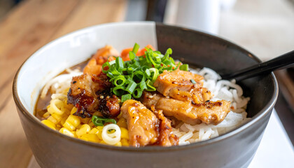 Fototapeta premium a bowl of chinese noodles with various toppings, including meat, vegetables, and garnishes