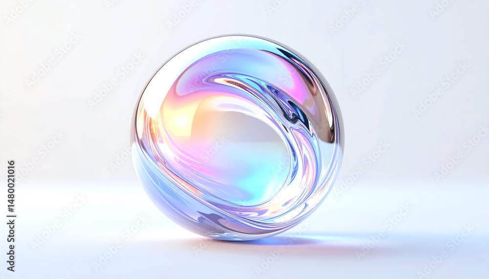 Poster a mesmerizing, iridescent sphere with swirling patterns reflecting light in soft pastel hues against