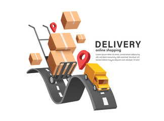 Parcel boxes or cardboard boxes are placed on cart or trolley used in warehouse and are running on the road following yellow truck to deliver to customers according to their orders, vector 3d