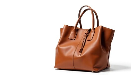 Naklejka premium Brown leather tote bag, isolated on white background , material, tote bag, style