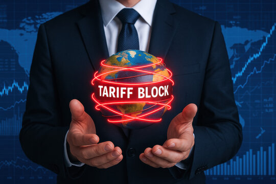 A businessman illustrates strategic decision-making by holding a glowing globe wrapped in interconnecting circuits symbolizing global trade tariff challenges and economic growth