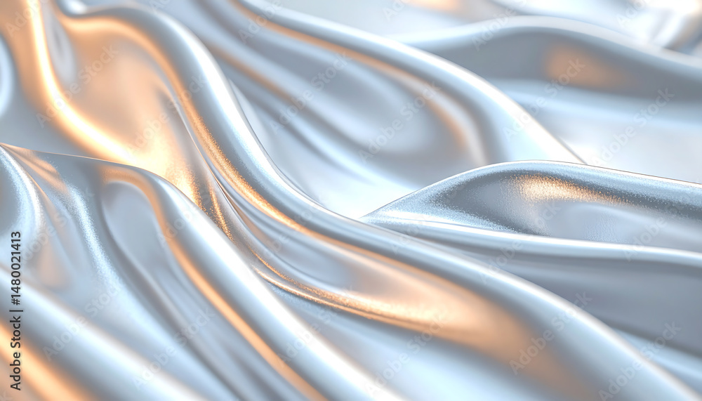 Poster shimmering silver fabric flows gracefully, creating an elegant texture with soft curves and reflecti