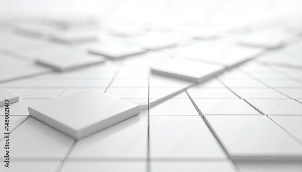 Poster a minimalist perspective of a geometric arrangement of white squares on a grid, creating a serene an