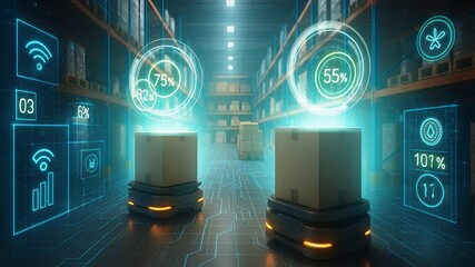 Automated Warehouse Robots Moving Packages in Smart Storage Facility with Digital Inventory Management and Logistics Interface
- Powered by Adobe