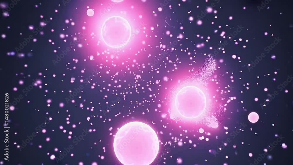 Poster beautiful floating pink bubbles in a dark background with sparkling dust particles and ethereal glow