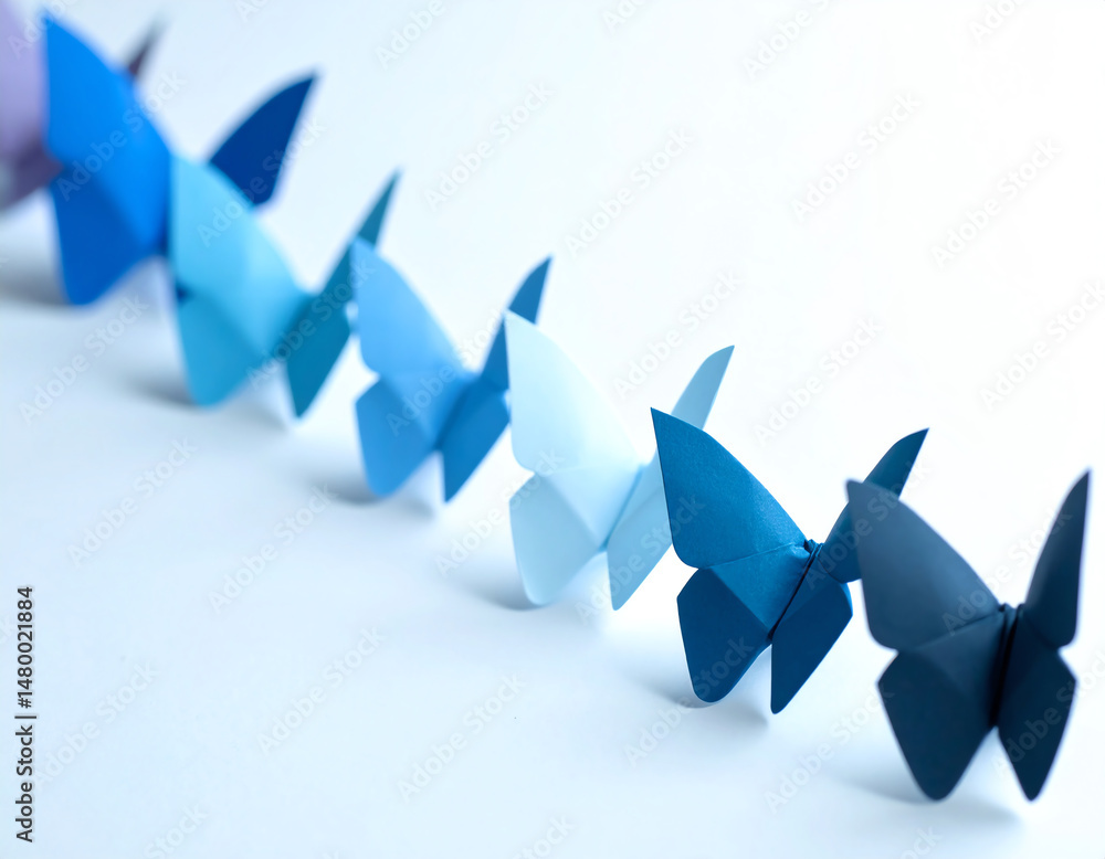 Poster a row of colorful origami butterflies in shades of blue and purple, creating a visually appealing gr