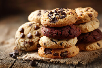 Stacked cookies: chocolate chip, red velvet, and plain, arranged on a rustic wooden surface