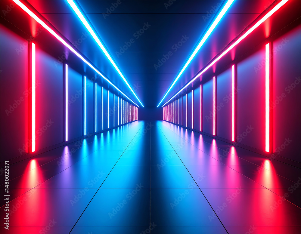Poster a futuristic corridor illuminated by vibrant blue and red lights, creating a striking visual effect 