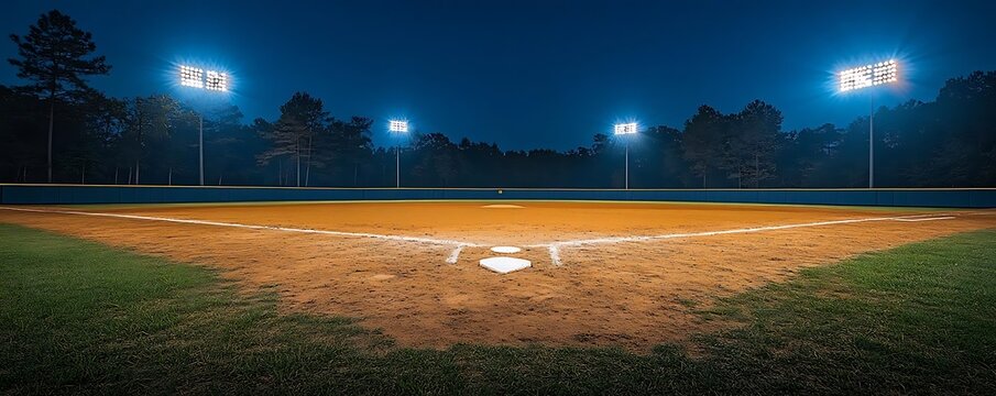 Night baseball field, lights, trees