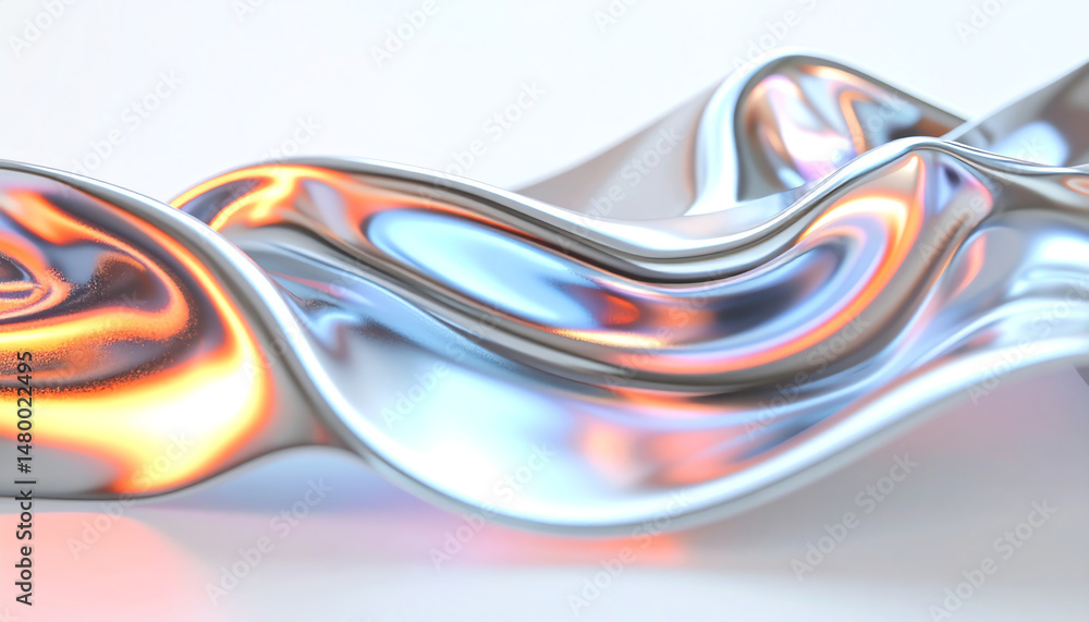 Poster a flowing, metallic surface with vibrant colors reflecting light, creating an abstract and dynamic v