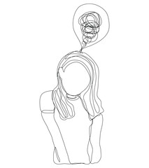 Sketch problem concept minimal woman emotion stress headache drawing line art.Female unhappy depress hand drawn continuous line concept with white ioslated background.Abstract,vector,illustration.