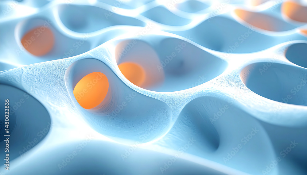 Poster abstract representation of interconnected cells with a soft blue texture and glowing orange highligh