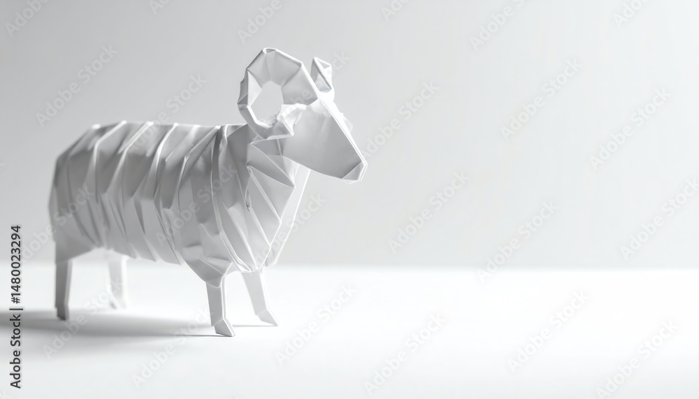 Poster a white origami sheep stands elegantly on a minimalist surface, showcasing intricate folds and a uni