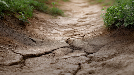 Parched earth trail snaking between lush grass, highlighting environmental resilience amid harsh drought conditions in barren landscape