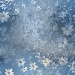 A classic floral wallpaper pattern in soft blue tones featuring delicate white flowers and leafy vines, evoking a serene, vintage atmosphere with a subtle gradient background.