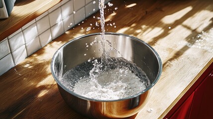 Water pouring into a bowl of rice