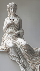 Marble statue of a serene goddess like woman with a glass of red wine sitting on podium
