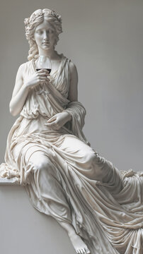 Marble statue of a serene goddess like woman with a glass of red wine sitting on podium