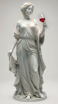 Marble statue of a serene goddess like woman with a glass of red wine