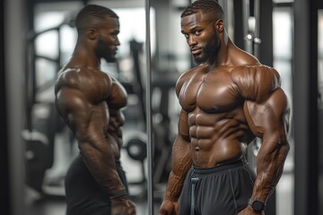 Bodybuilder Posing in a Gym With Striking Muscle Definition and Reflection at a Fitness Center