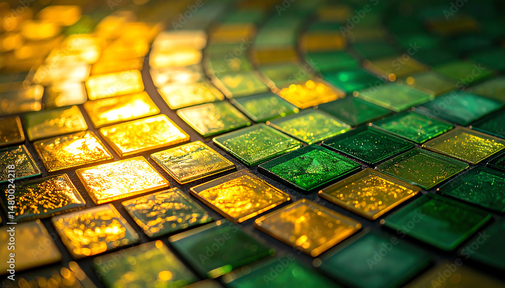 Poster a vibrant mosaic of green and gold tiles reflects light, creating a stunning visual effect with a ri